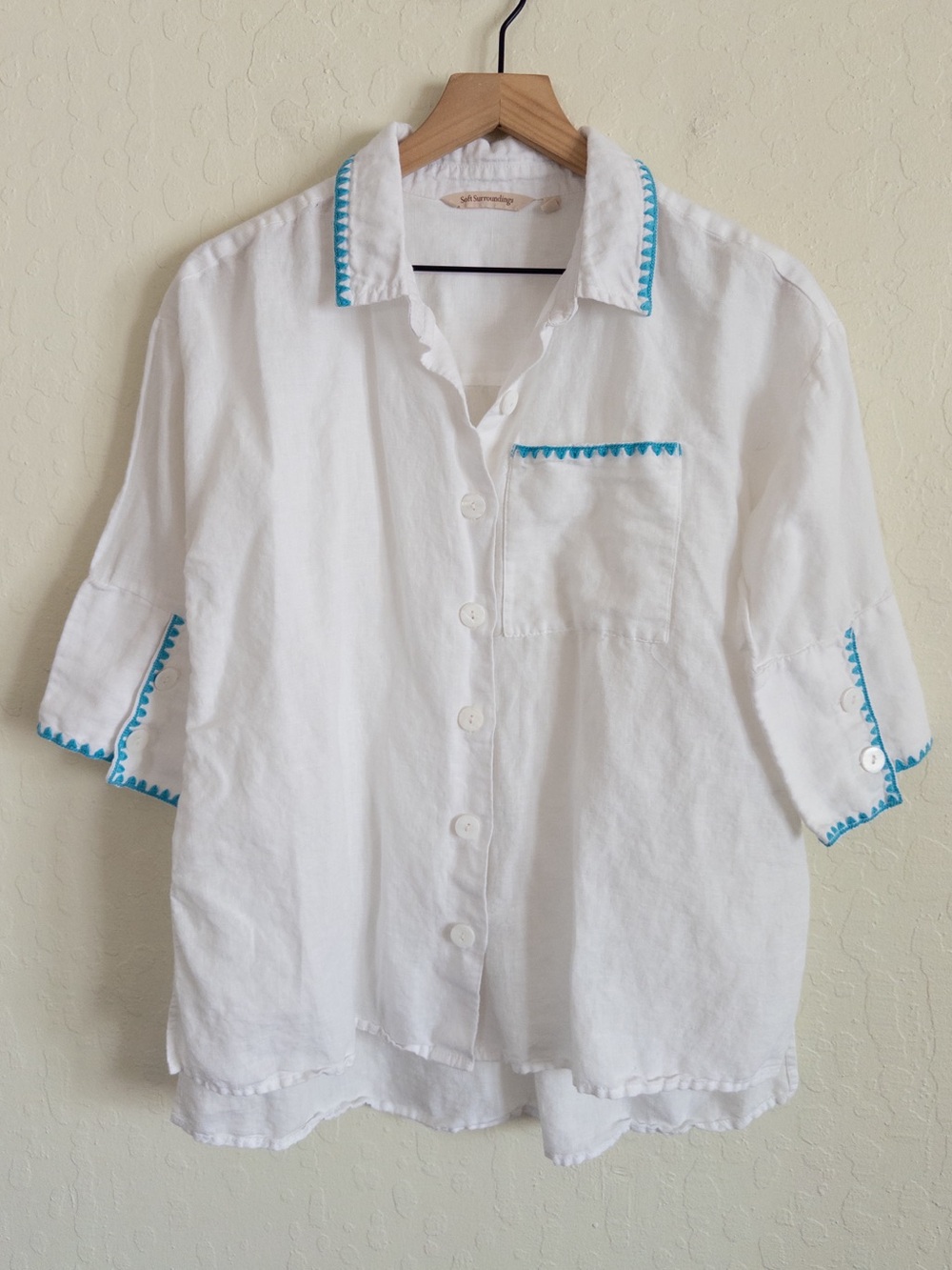 Soft Surroundings Linen Cotton Embroidered Button Down Shirt Small Petite White